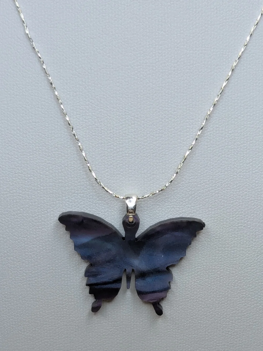 Blue Lavender Butterfly Necklace Reversible Pendant Silver Chain 16.5” + 2 